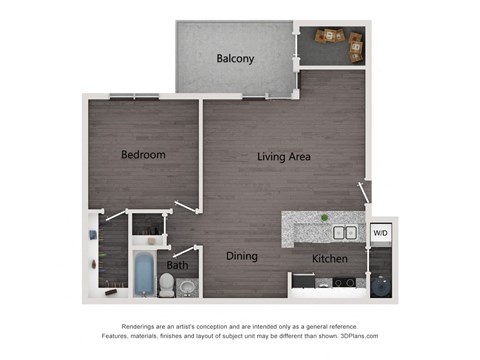 Floor plan for 1 bed, 1 bath, 750 sqft